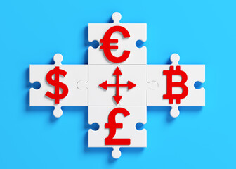 Red-colored arrow Bitcoin Dollar Euro Pound symbols and white-colored jigsaw puzzle pieces. On blue-colored background. Horizontal composition with copy space. Isolated with clipping path.