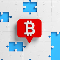 White-colored Bitcoin symbols red-colored speech bubbles and white-colored jigsaw puzzle pieces. On blue-colored background. Square composition with copy space. Isolated with clipping path.