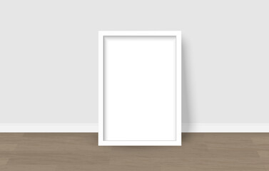 Blank photor frame standing inside room. Image presentation white border. Vertical template with shadow vector illustrator.