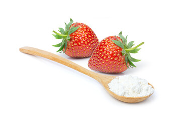 Fresh strawberry with sugar in powder wooden spoon isolated on white background. 