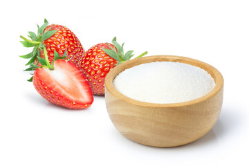 Fresh strawberry with sugar in powder wooden bowl isolated on white background. 