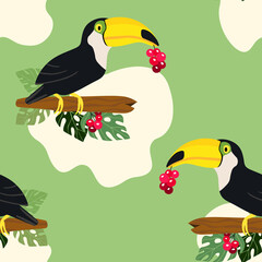 Seamless pattern with cute cartoon toucan bird on branch. Vector illustration for wallpaper, fabric, textile. Summer exotic print. Tropical toucan with floral monstera leaves