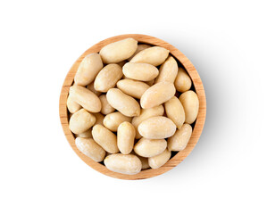 peanuts in wooden bowl isolated on white background. Top view. Flat lay.