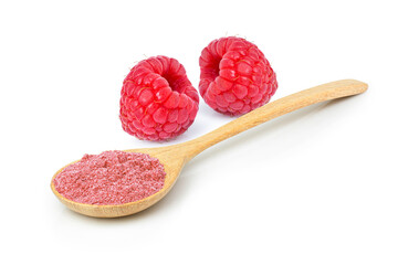 raspberry juice powder in wooden spoon with fresh fruit isolated on white background.