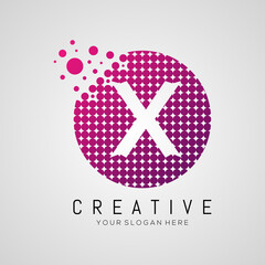 X Letter Dots Logo Design with Creative Trendy Bubbles and Purple Magenta Colors.