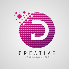 D Letter Dots Logo Design with Creative Trendy Bubbles and Purple Magenta Colors.