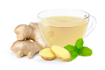 ginger herbal tea in glass cup and lmint eaves isolated on white background