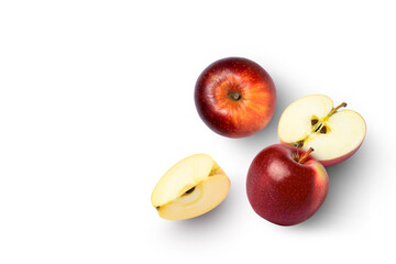 Red apple with cut in half sliced isolated on white background. Top view. Flat lay. Copy space.
