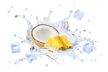 Coconut and pineapple with water splash with ice cubes isolated on white background.