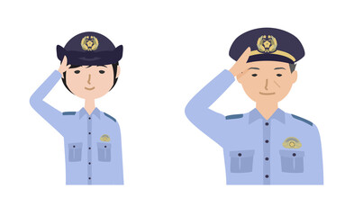 敬礼している夏服の警察官たち（上半身）
