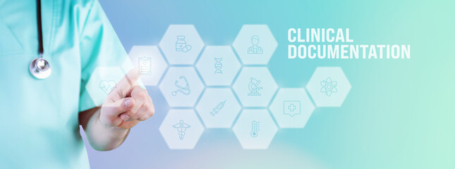 Clinical Documentation (CD). Male doctor pointing finger at digital hologram made of icons. Text with medical term. Concept for digitalization in medicine