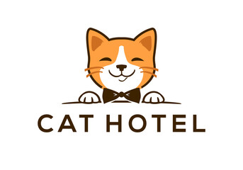 Pet logo with smiling little kitten. Cat hotel emblem made in simple modern style. Vector illustration
