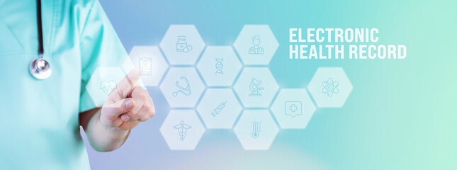 Electronic health record (EHR). Male doctor pointing finger at digital hologram made of icons. Text with medical term. Concept for digitalization in medicine
