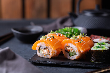 Vegan Sushi, Sashimi and Maki Rolls with Plant based seafood