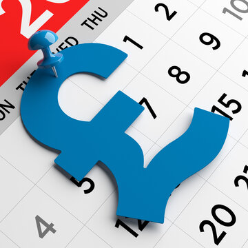 Blue-colored pinned Pound symbol on the calendar page. Horizontal composition with copy space. Isolated with clipping path.