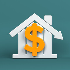 Orange-colored Dollar symbol and white-colored house icon. On a charcoal green-colored background. Square composition with copy space. Isolated with clipping path.