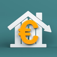 Orange-colored Euro symbol and white-colored house icon. On a charcoal green-colored background. Square composition with copy space. Isolated with clipping path.