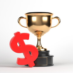 The red-colored Dollar sign and golden awarding cup. On white-colored background. Square composition with copy space. Isolated with clipping path.