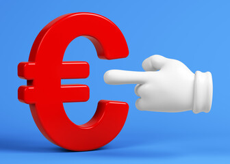 Red-colored Euro symbol and white-colored hand sign. On blue-colored background. Horizontal composition with copy space. Isolated with clipping path.