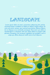 Vector landscape, sunrise scene in nature with mountains and forest, silhouettes of trees. Hiking tourism. Adventure. Minimalist graphic flyers. Polygonal flat design for coupons, vouchers, gift cards