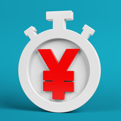 Red-colored Japanese yen symbol and white-colored stopwatch icon. On greenish blue-colored background. Square composition with copy space. Isolated with clipping path.