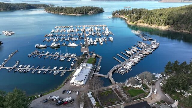 Cinematic 4K aerial drone footage of Haro Strait by Roche Harbor and resort, a sheltered harbor and protected anchorage on San Juan Island, Washington state