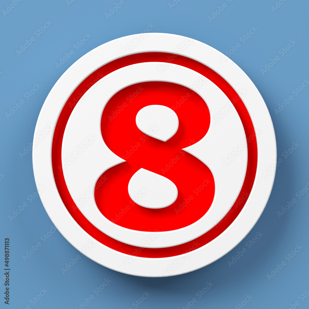 Fototapete white-colored circle icon and red-colored number eight. on blue-colored background. square compositi
