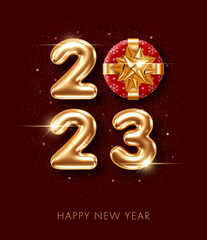 Fototapeta na wymiar 2023 New Year card template with gift box and glittering numbers