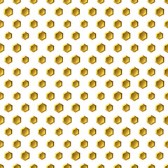 Golden background with honeycomb shapes. Seamless pattern with glitter effect. Template texture for invitation, poster, card, banner, announcements and others. Vector illustration.