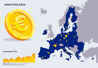 vector illustration analytical map of the European Economic Union, map of europe with a euro gold coin, infographic of the economic state of europe
