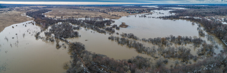 Russia, Moscow region, spring flood on the Koloch river, panorama, aerial photography.