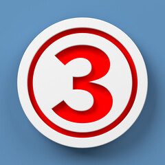 White-colored circle icon and red-colored number three. On blue-colored background. Square composition with copy space. Isolated with clipping path.
