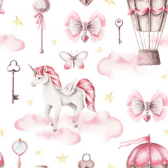 Watercolor seamless pattern for fairy tale princess with unicorns.