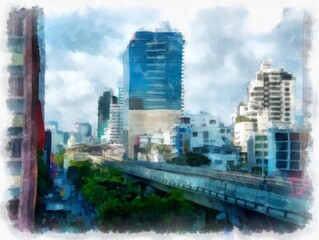 Naklejka premium The landscape of the tall buildings in Bangkok watercolor style illustration impressionist painting.