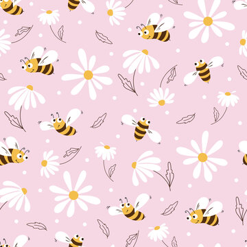 Daisy and bee seamless pattern. Flowers, petals and cartoon bees on a pink background. Vector illustration. 