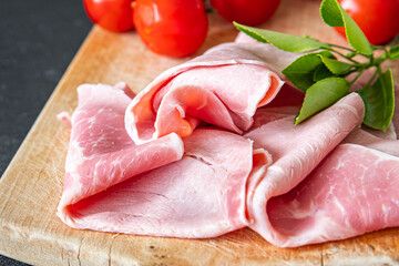 ham pork slice meat appetizer fresh healthy meal food snack diet on the table copy space food...