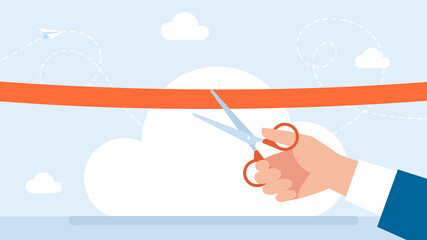 Grand opening concept. The new store, website. Startup. A businessman holding scissors in his hand cuts a red ribbon. The ceremony, celebration, presentation, and event. Flat style vector illustration - obrazy, fototapety, plakaty
