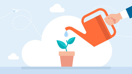 The metaphor of business development. Watering plant from a watering can. Concept of generation of innovative ideas, creative thought, creativity, and imagination. Flat cartoon business illustration