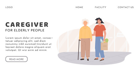 Female caretaker and elderly woman doing shopping. Scene of volunteer with senior person helping to buy groceries. Nursing retirement home services. Caregiver vector banner template in flat style.