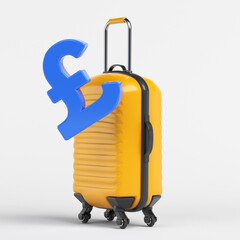 Blue-colored pound symbol and orange-colored travel luggage.On white-colored background. Square composition with copy space. Isolated with clipping path.