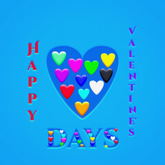  Happy International  valentines Day. 3D illustration Happy valentines  day text isolated on aqua background with colorful abstract hearts