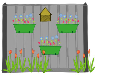 fence with planters, instect hotel and tulips