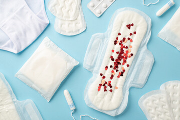 Top view photo of sanitary napkin with red heart shaped confetti tampons panties and painkiller pills on isolated pastel blue background