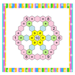 Math game for preschool and school age children. Educational material for kids. Addition, subtraction. Worksheet. Vector illustration