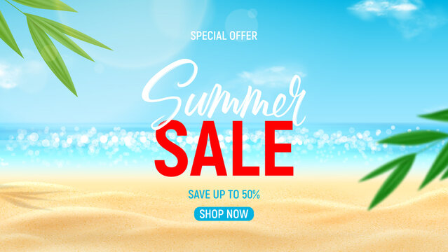 Summer sale ad banner template. Sea coast with sunny sky and clouds. Beautiful summer scene with blue sky, clouds and tropical plants. Vector 3d ad illustration for promotion of summer goods.