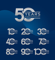 Set of Anniversary logotype silver color with blue background for celebration