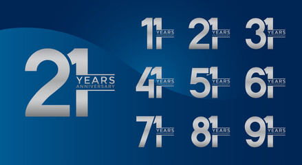 Set of Anniversary logotype silver color with blue background for celebration