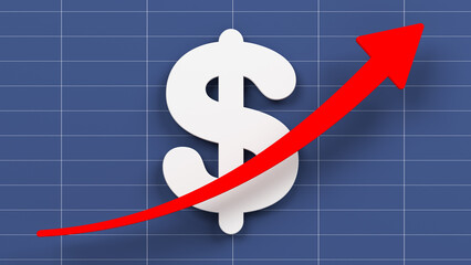 Red-colored arrow and dollar symbol. On navy blue-colored background. Horizontal composition with copy space. Isolated with clipping path.