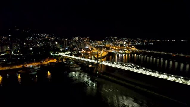 Partial Aerial Orbit Around Famous City Bridge Ponte Hercílio Luz Lit Up at Night Florianopolis City Santa Catarina Brazil at Drone 4k