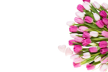 Pink tulip on the white background. Easter background.